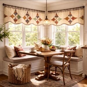 Heirloom Quilted Patchwork Valance 52x15 Cathedral Window Scalloped Cottagecore